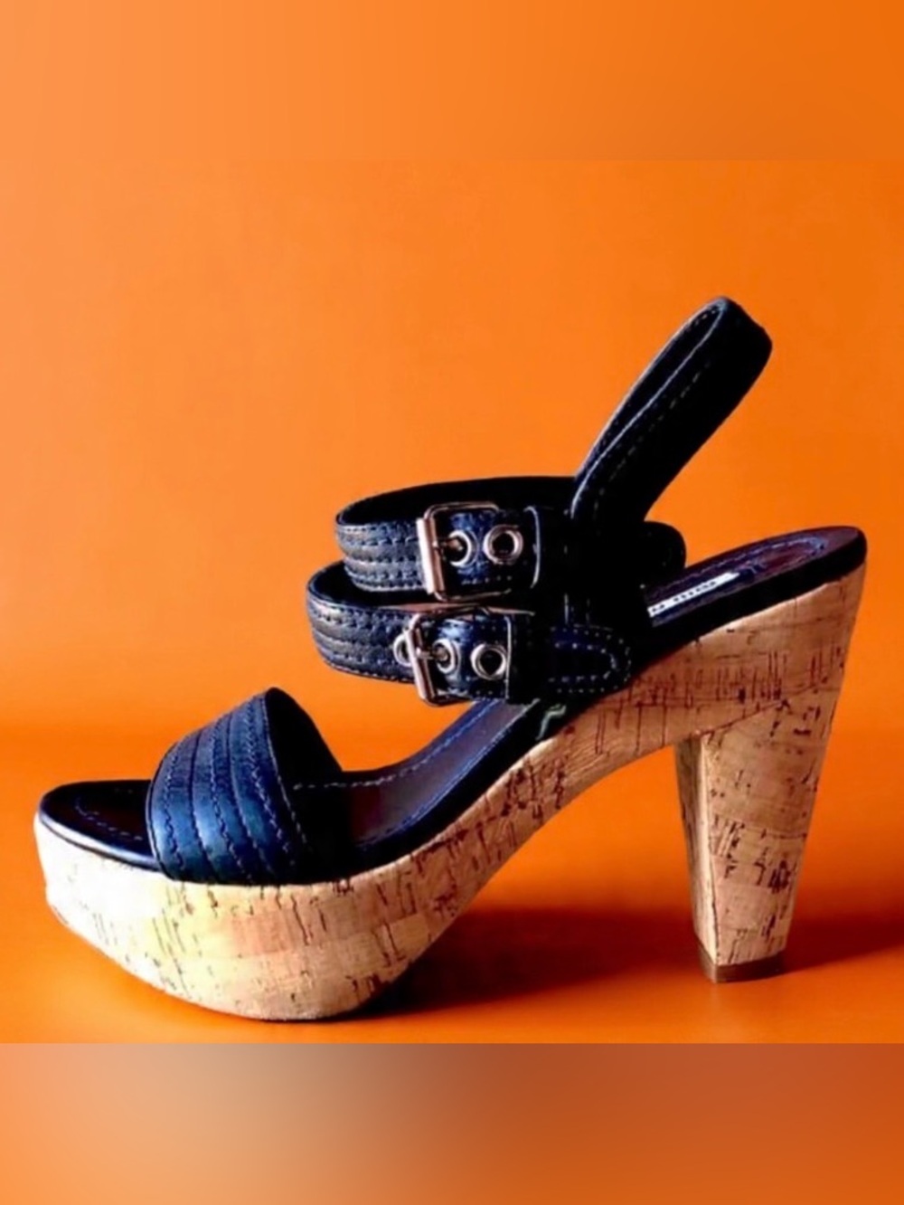 MIU MIU Italy Black Nappa Double Strap Slingback Platform Sandal 7 MSRP $1050